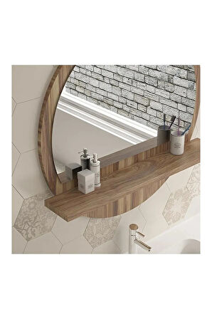 Tarz Design 58 Cm Yuvarlak Ceviz Raflı Koridor Konsol Duvar Salon Banyo Ofis Yatakoda Aynası