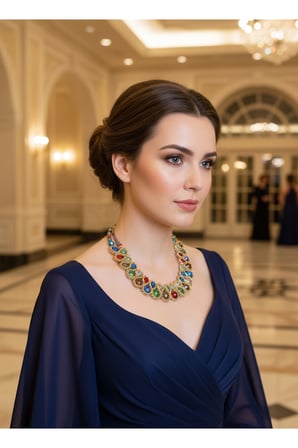 Gold Zincir Detaylı Renkli Kristal Taşlı Statement Kolye – Çok Renkli Şık Abiye & Kombin Kadın Kolye
