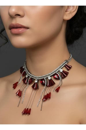 Taşlı Abiye Kolye – Sallantılı Gösterişli Kadın Takı Kırmızı Bordo