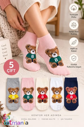 Kadın Pamuklu 5 Çift Teddy Bear Ayı Desenli Patik Çorap Penye Pamuklu (EXTRA RAHAT)