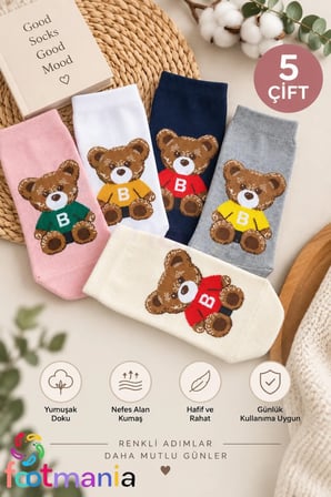 Kadın Pamuklu 5 Çift Teddy Bear Ayı Desenli Patik Çorap Penye Pamuklu (EXTRA RAHAT)
