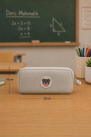 NEMO BAGS Unisex Açık Vizon Kalemlik, Tek Gözlü Kalem Kutusu, Ayıcık Logolu, 20x10x3cm