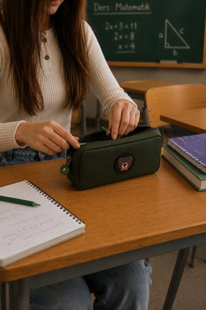 NEMO BAGS Unisex Haki Kalemlik, Tek Gözlü Kalem Kutusu, Ayıcık Logolu, 20x10x3cm