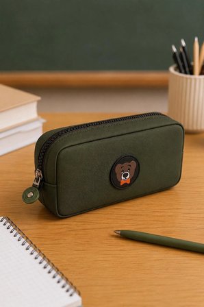 NEMO BAGS Unisex Haki Kalemlik, Tek Gözlü Kalem Kutusu, Ayıcık Logolu, 20x10x3cm
