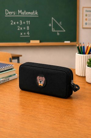 NEMO BAGS Unisex Siyah Kalemlik, Tek Gözlü Kalem Kutusu, Ayıcık Logolu, 20x10x3cm