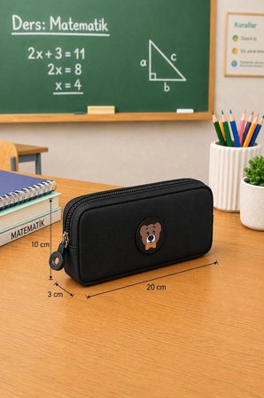 NEMO BAGS Unisex Siyah Kalemlik, Tek Gözlü Kalem Kutusu, Ayıcık Logolu, 20x10x3cm