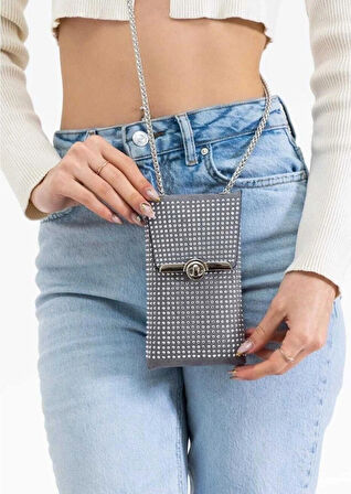 Taşlı gri çapraz asılan telefon çantasi