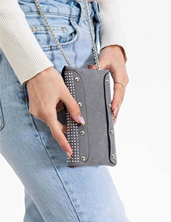 Taşlı gri çapraz asılan telefon çantasi