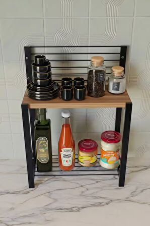 Metal Telli Ahşap 2 Katlı Mutfak Düzenleyici Raf – Baharatlık, Yağlık, Tabak ve Kavanoz Organizer – Tezgah Üstü Düzenleyici 35x15x48 cm