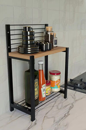 Metal Telli Ahşap 2 Katlı Mutfak Düzenleyici Raf – Baharatlık, Yağlık, Tabak ve Kavanoz Organizer – Tezgah Üstü Düzenleyici 35x15x48 cm