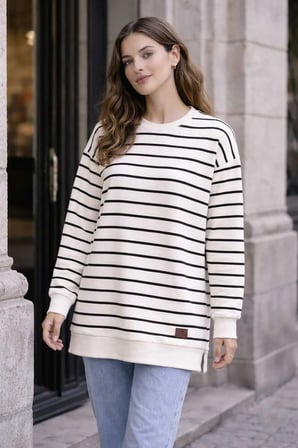 Oversize Geniş Kalıp Kadın Sweatshirt Bisiklet Yaka Basic Çizgili