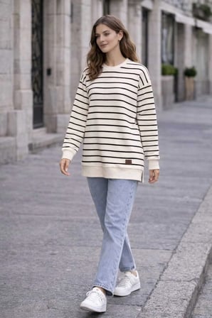 Oversize Geniş Kalıp Kadın Sweatshirt Bisiklet Yaka Basic Çizgili