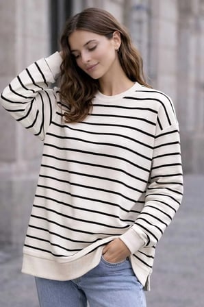 Oversize Geniş Kalıp Kadın Sweatshirt Bisiklet Yaka Basic Çizgili