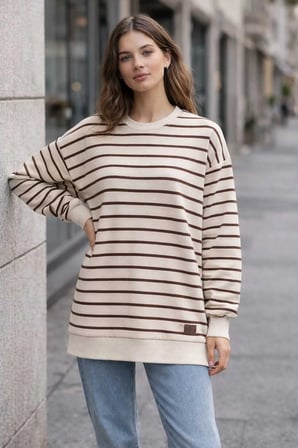 Oversize Geniş Kalıp Kadın Sweatshirt Bisiklet Yaka Basic Çizgili