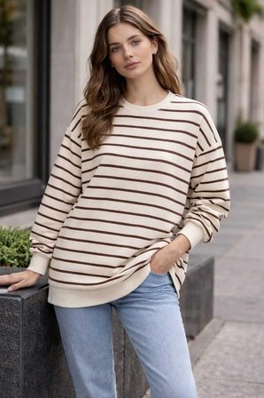 Oversize Geniş Kalıp Kadın Sweatshirt Bisiklet Yaka Basic Çizgili