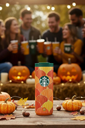 Starbucks Balkabağı Tasarımlı Paslanmaz Çelik Termos Turuncu 473ml
