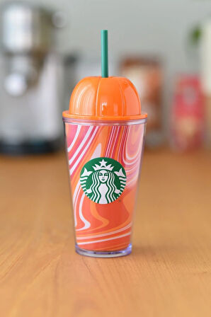 Starbucks Balkabağı Tasarımlı Plastik Pipetli Termos PSL Serisi 473ml
