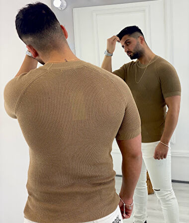 Örme Triko Tişört Kısa Kollu Triko Slim Fit Dar Kesim T-shirt