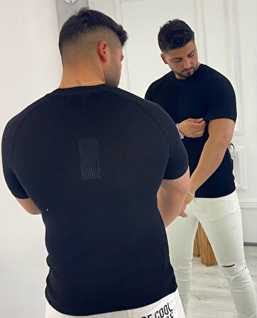 Örme Triko Tişört Kısa Kollu Triko Slim Fit Dar Kesim T-shirt