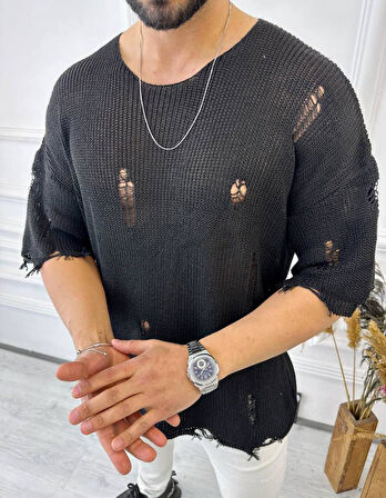 Tişört Yırtık Detaylı Oversize Tshirt Lazer Kesim T-shirt