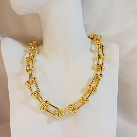 Crystal Atelier Kadın Gold Kaplama Lüx Model Kalın Zincir Kolye, Altın Kaplama Toplu Zincir Tiffany Blanca Kolye