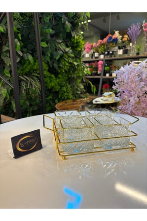 ARS Paşabahçe Timeless Yaldızlı Kare Kase, Metal Gold Standlı 4'lü Çerezlik, Sunumluk, Kahvaltılık