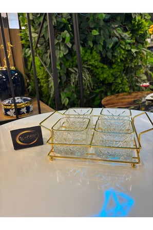 ARS Paşabahçe Timeless Yaldızlı Kare Kase, Metal Gold Standlı 4'lü Çerezlik, Sunumluk, Kahvaltılık