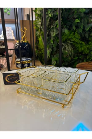 ARS Paşabahçe Timeless Yaldızlı Kare Kase, Metal Gold Standlı 4'lü Çerezlik, Sunumluk, Kahvaltılık
