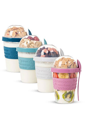 4'lü Take N Go Kaşıklı Hazneli Meyveli Yoğurt Kabı Piknik Iş Atıştırmalık Müsli Granola Süt Bardağı