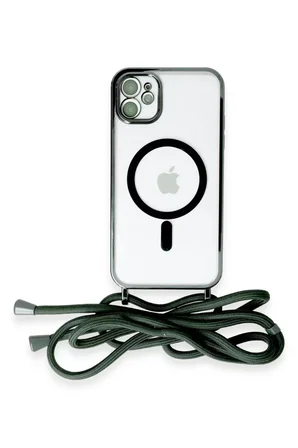 Newface Apple iPhone 11 Kılıf Divo Lazer Askılı Magsafe Kapak - Koyu Yeşil