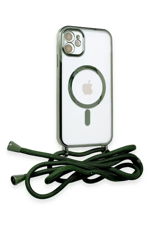 Newface Apple iPhone 11 Kılıf Divo Lazer Askılı Magsafe Kapak - Koyu Yeşil