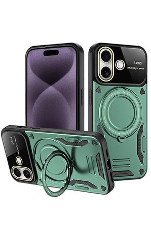 Newface Apple iPhone 16 Kılıf Joy Lens Standlı Kapak - Koyu Yeşil