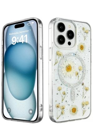 Newface Apple iPhone 14 Pro Kılıf Daisy Simli Magsafe Kapak - Gümüş