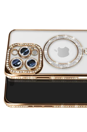Newface Apple iPhone 16 Pro Max Kılıf Joke Simli Magneticsafe Kılıf - Gold