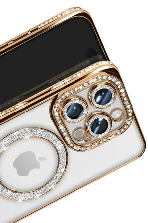 Newface Apple iPhone 16 Pro Max Kılıf Joke Simli Magneticsafe Kılıf - Gold