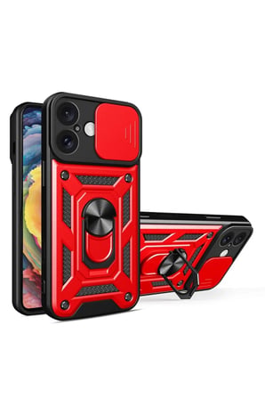 Newface Apple iPhone 16 Kılıf Pars Lens Yüzüklü Silikon - Kırmızı