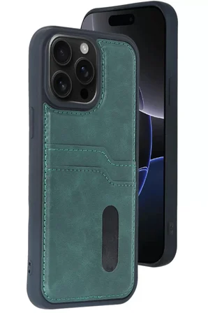Newface Apple iPhone 15 Pro Max Kılıf Sara Kartvizitli Deri Kılıf - Koyu Yeşil