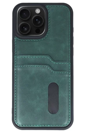 Newface Apple iPhone 15 Pro Max Kılıf Sara Kartvizitli Deri Kılıf - Koyu Yeşil