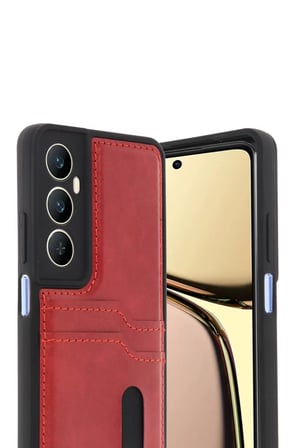 Newface Realme C65 Sara Kartvizitli Deri Kılıf - Kırmızı
