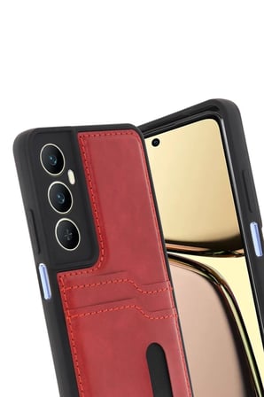 Newface Realme C65 Sara Kartvizitli Deri Kılıf - Kırmızı