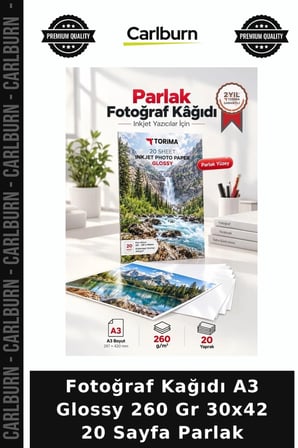 Fotoğraf Kağıdı A3 Glossy 260 Gr 30x42 20 Sayfa Parlak Renkli Kağıt Karton Çeşit Ofis Gereci
