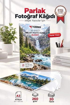 Fotoğraf Kağıdı A3 Glossy 260 Gr 30x42 20 Sayfa Parlak Renkli Kağıt Karton Çeşit Ofis Gereci