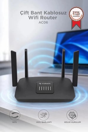 Torima Çift Bant Kablosuz Wifi Router AC06 Siyah 1200Mbps 2.4GHz 5GHz Hızlı İnternet Ev Aleti