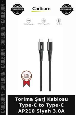 Premium Torima Şarj Kablosu Type-C to Type-C AP210 Siyah 3.0A Cihaz Aktarım Bilgisayar