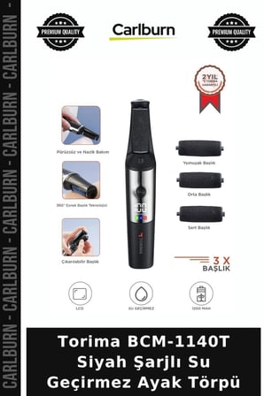 Torima BCM-1140T Siyah Şarjlı Su Geçirmez Ayak Törpü Topuk Ürünü Pratik Bakım Temizlik Aleti