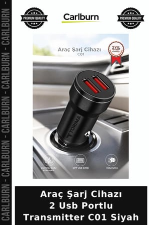 Araç Şarj Cihazı 2 Usb Portlu Transmitter C01 Siyah Taşıt Aksesuar Yolculuk Seyahat Aleti