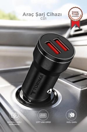 Araç Şarj Cihazı 2 Usb Portlu Transmitter C01 Siyah Taşıt Aksesuar Yolculuk Seyahat Aleti