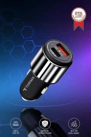 Delux Serisi Torima Hızlı Şarj Adaptörü C16 Gümüş 45W Kablo Otomobil Yolculuk