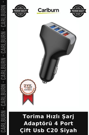 Premium Torima Hızlı Şarj Adaptörü 4 Port Çift Usb C20 Siyah Araç Gereci Telefon Şarjı