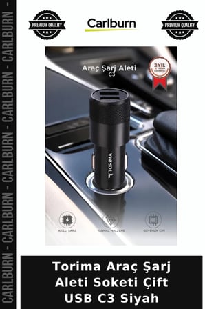 Delux Serisi Torima Araç Şarj Aleti Soketi Çift USB C3 Siyah Oto Aksesuar